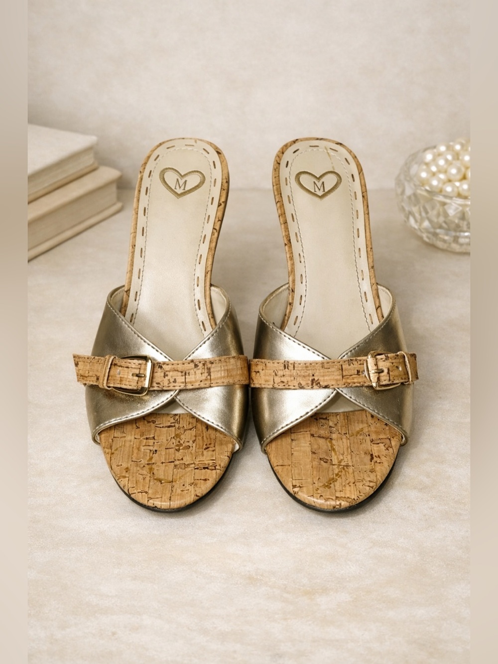 Madeline Shoes Gold & Cork High Heel Tracy Sandals (8.5)